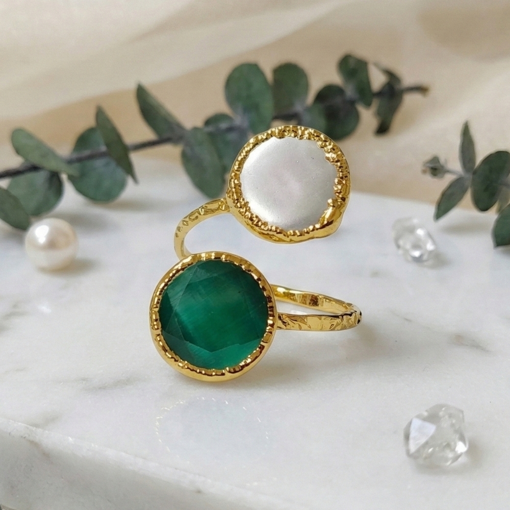 Turkish Artisan 18K Gold Plated Genuine Emerald Glass Pearl Adjustable Ring